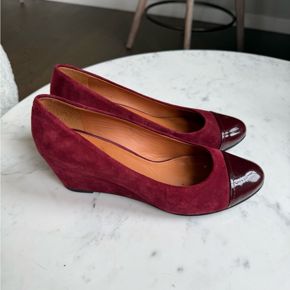 Geox Burgundy Suede Wedges with Patent Cap Toe